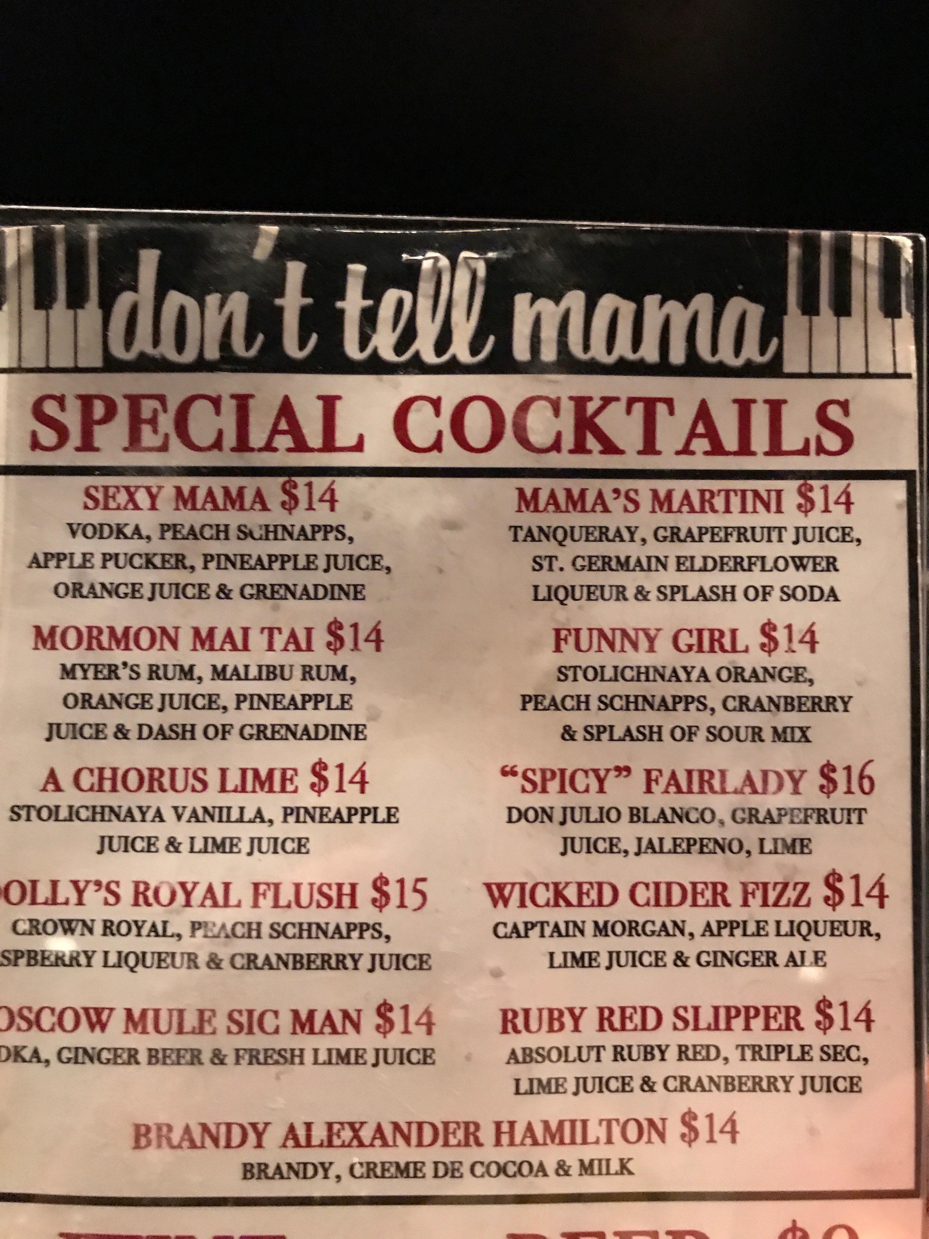 don't tell mama cocktail menu based on musical theatre shows