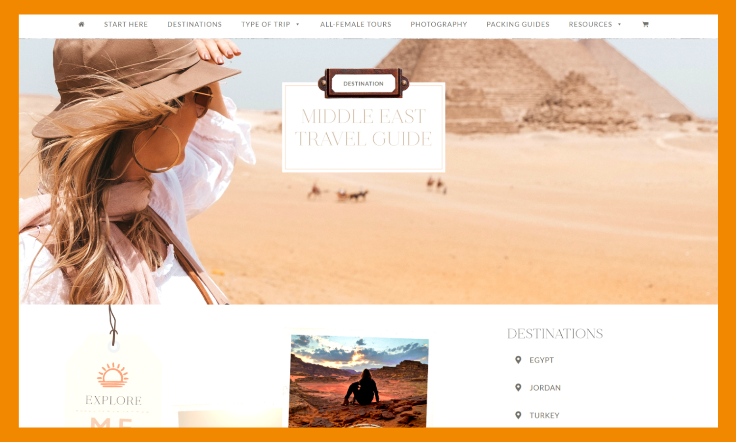 A screenshot of The Blonde Abroad 'Middle East Travel Guide' page. There is a big image of Kiersten (blonde hair and wearing a hat) looking over a dessert scene. 