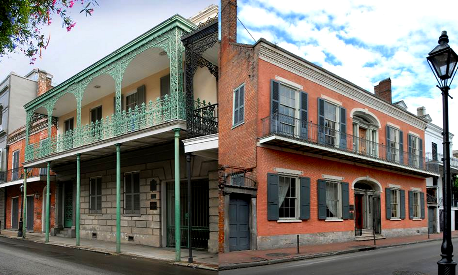 Picture of the Hermann Grimer and Gallier Houses. They join onto each other. The Gallier house has a mint green balony at the front and the Hermann Grimer House is red brick. 